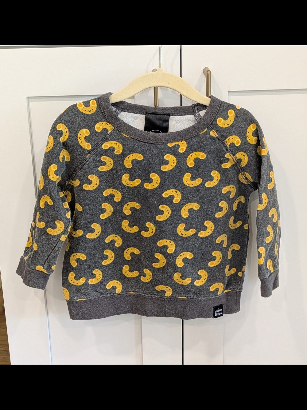 Whistle & Flute Gray Sweatshirt with Yellow Macaroni Print